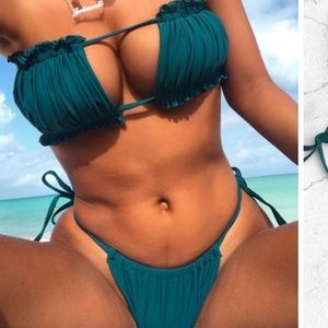 NWT Ruffle Tie Bandeau String Bikini Peacock Blue